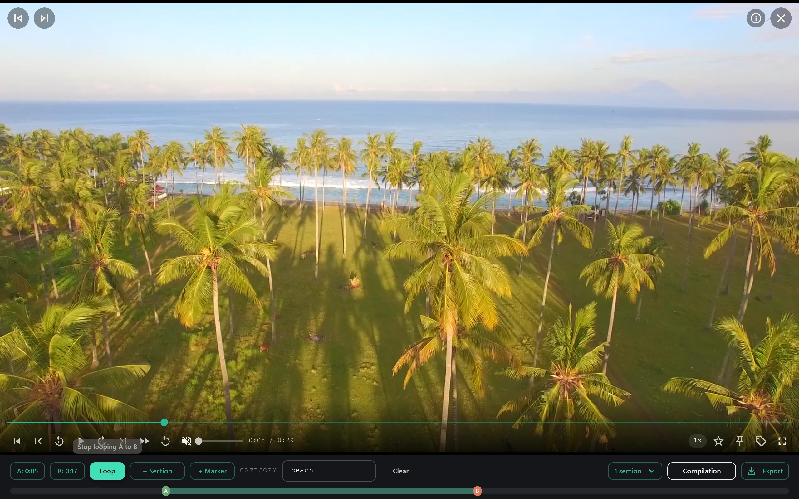 SiftVid player with the A point at 0:05 and the B point at 0:17, the loop enabled, and a saved beach section drawn on the marker track