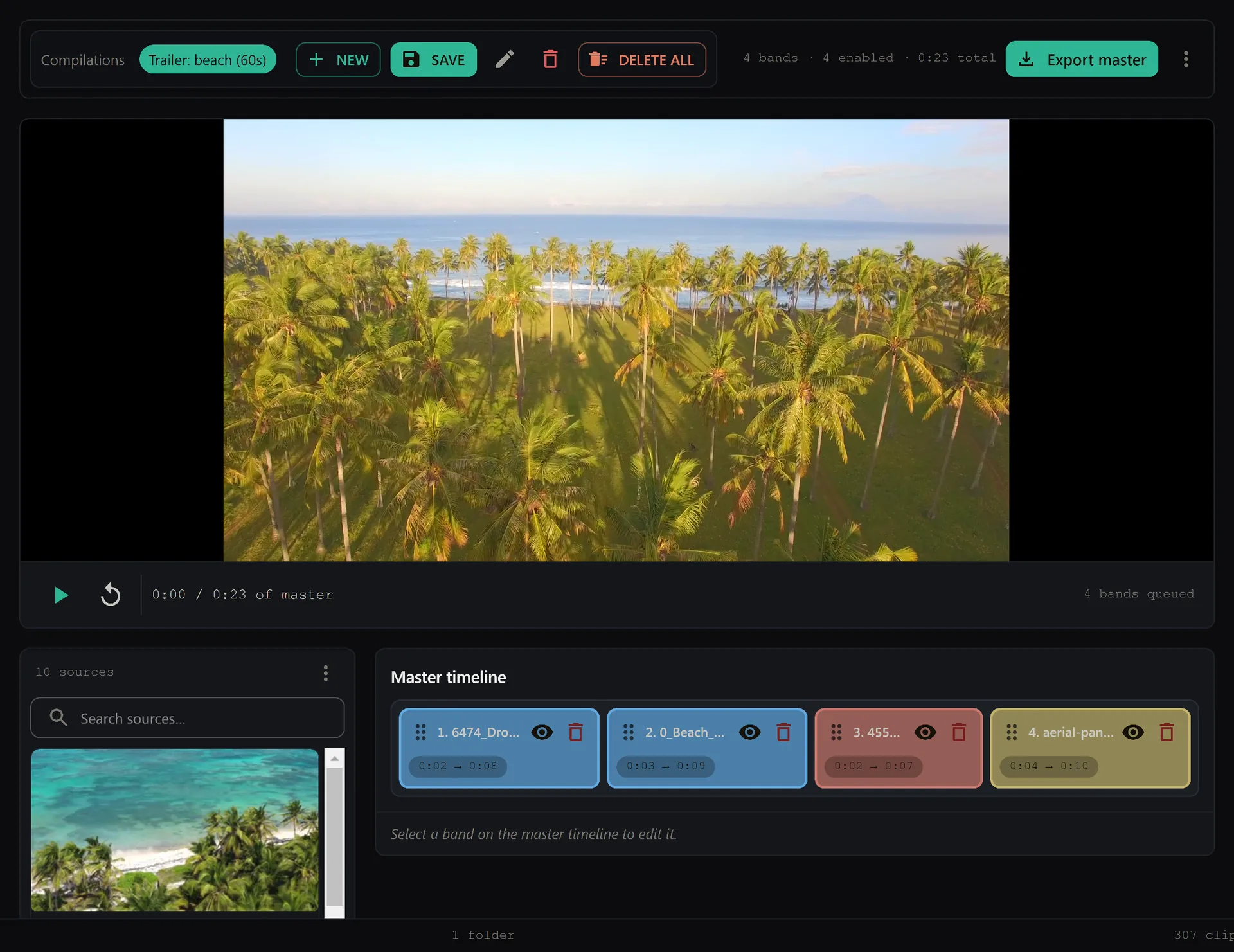SiftVid's Compilations workspace with the draft Trailer: beach (60s) selected, its bands laid out on the master timeline and Export master ready