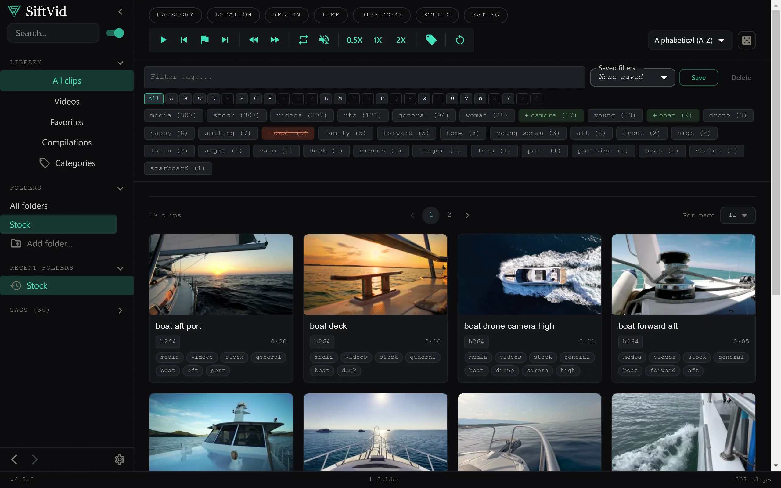 SiftVid library view: the sidebar lists folders and tags, the tag bar filters the library with include chips for boat and camera and an exclude chip for dash, and the grid shows the 19 matching clips sorted alphabetically