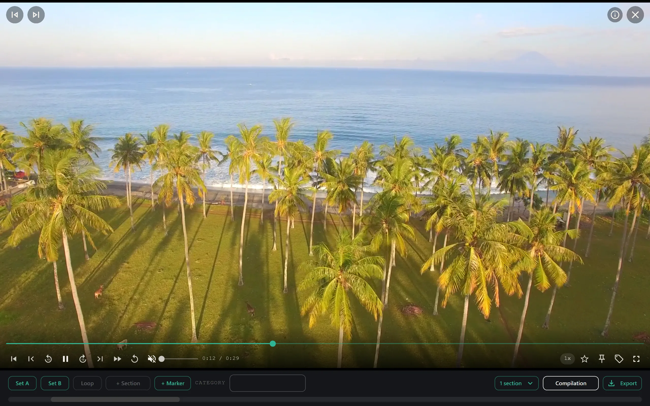 SiftVid's player in theater mode: the sidebar is hidden, the clip fills the window and the A-B loop and compilation controls sit below the frame