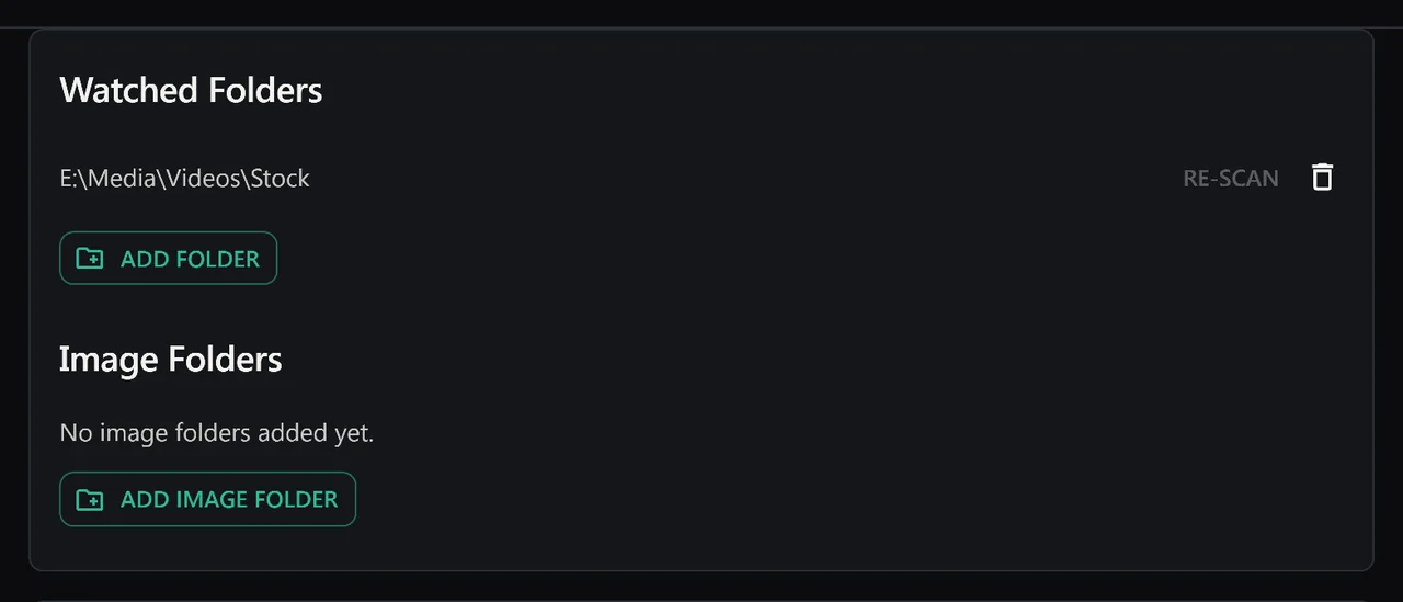 Watched Folders in SiftVid settings pointing at a dedicated video folder outside Downloads, with Re-scan, Remove and Add folder