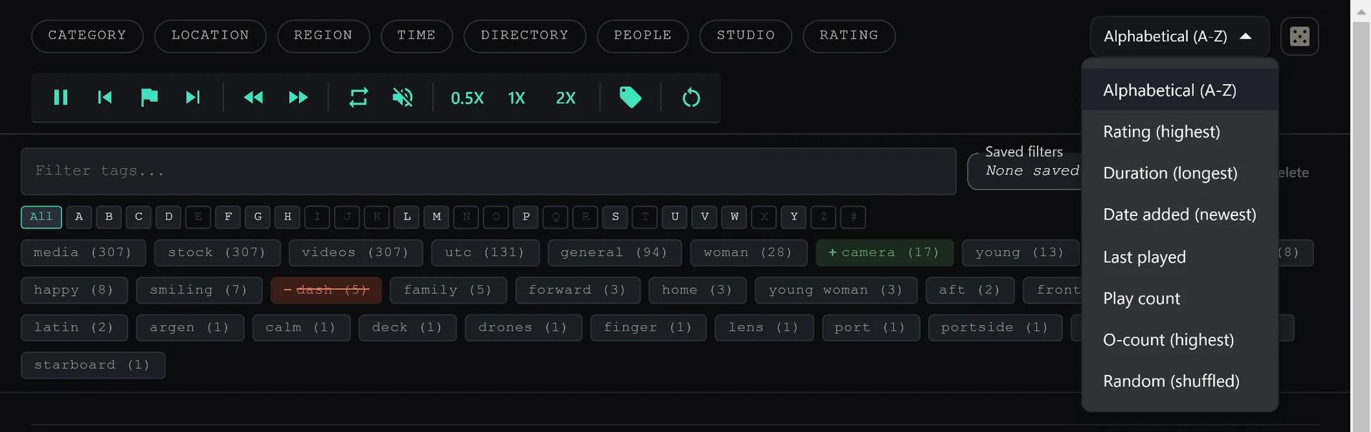 SiftVid's Sort dropdown open over the library toolbar, listing alphabetical, rating, duration, date added, last played, play count and random order
