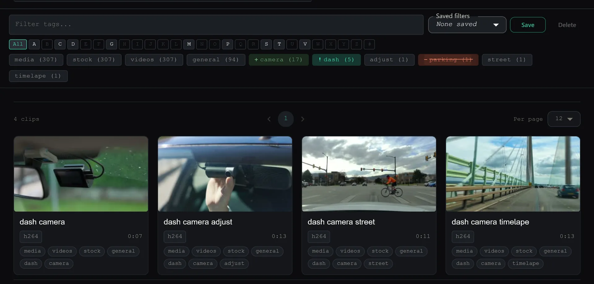 Four-state tag chips in SiftVid: camera is included, dash is required, parking is excluded, and the four matching dash-camera clips are listed below